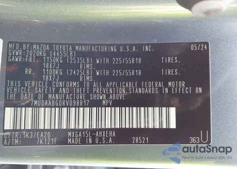 2024 Toyota Corolla Cross Xle z USA, uszkodzony, nr VIN 7MUDAABG0RV098817